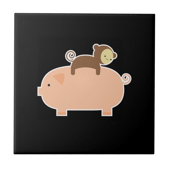 Baby Monkey Riding Backwards on a Pig Tile (Front)