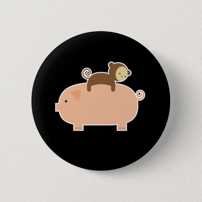 Baby Monkey Riding on a Pig 2 Inch Round Button (Front)