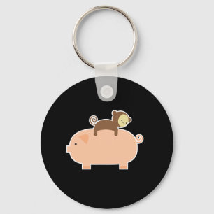Baby Monkey Riding on a Pig Keychain