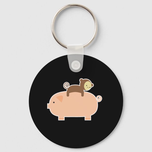 Baby Monkey Riding on a Pig Keychain (Front)