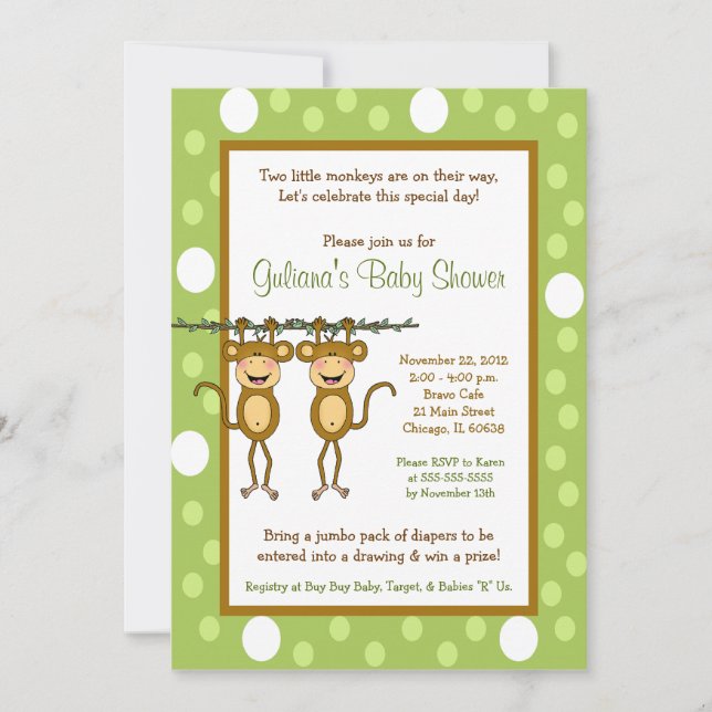 Baby Monkey TWINS 5x7 Baby Shower Invitations (Front)