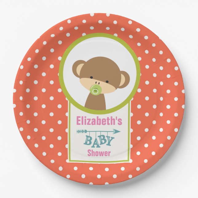Baby Monkey with a Pacifier Baby Shower Paper Plate (Front)