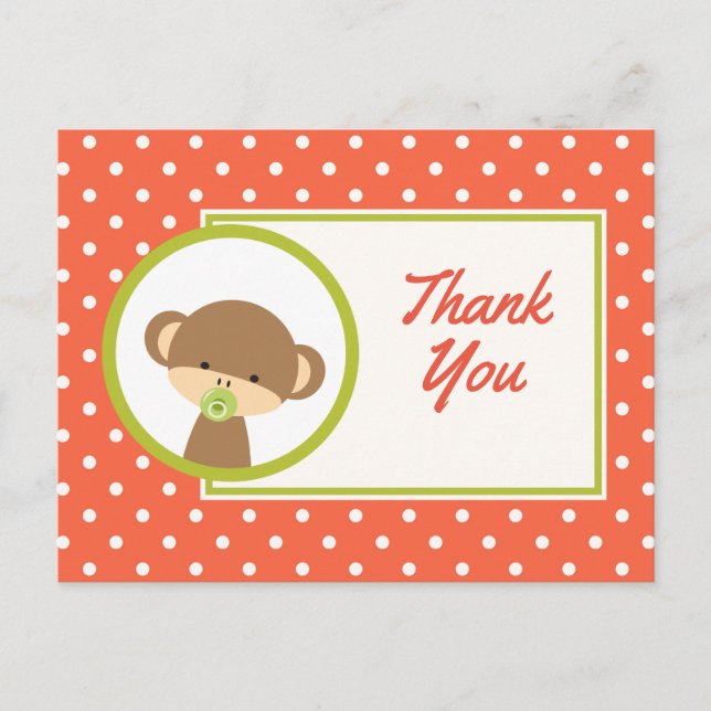 Baby Monkey with a Pacifier Baby Shower Thanks Postcard (Front)