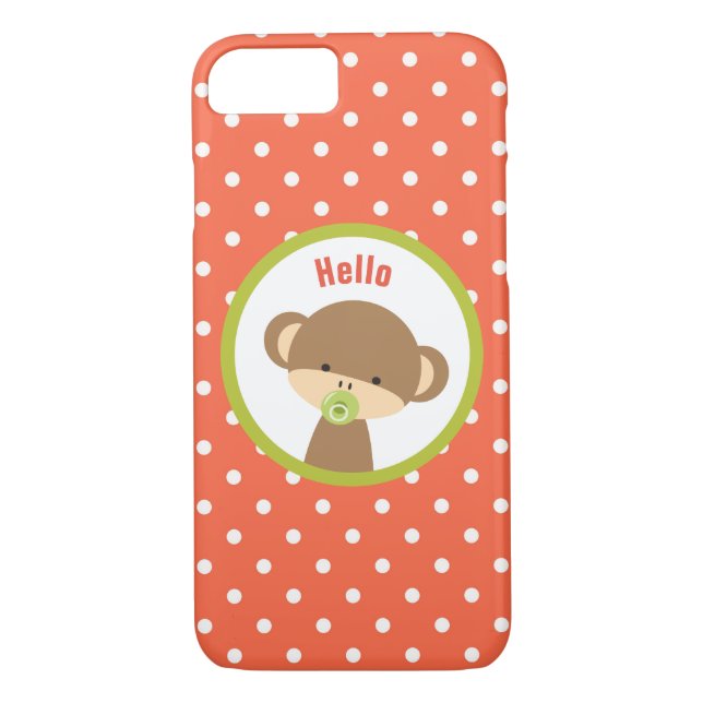 Baby Monkey with a Pacifier on Polka Dots Hello Case-Mate iPhone Case (Back)