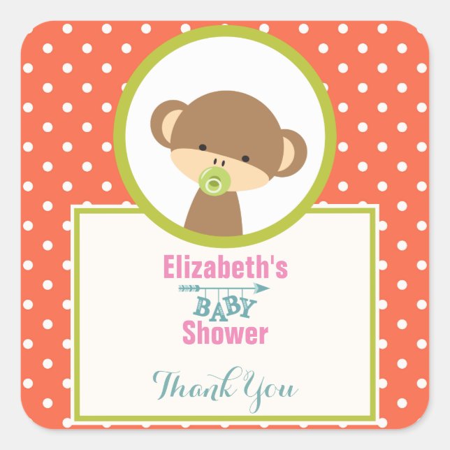 Baby Monkey with a Pacifier on Polka Dots Shower Square Sticker (Front)