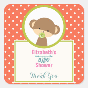 Baby Monkey with a Pacifier on Polka Dots Shower Square Sticker