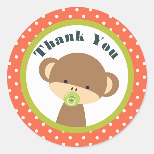 Baby Monkey with a Pacifier on Polka Dots Thanks Classic Round Sticker (Front)