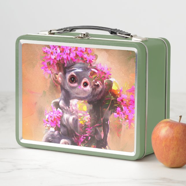 Baby Monkey with Flowers Metal Lunch Box (In Situ)