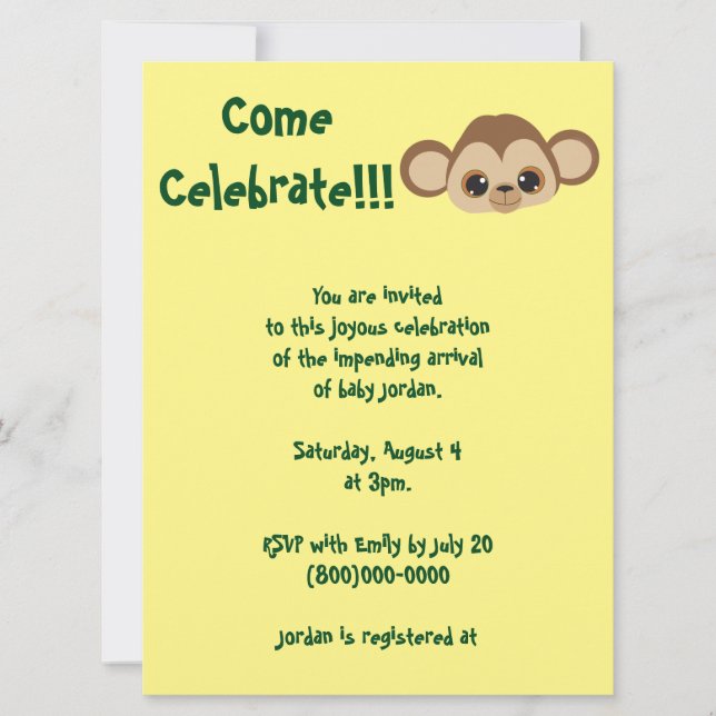 Baby Monkey Yellow Baby Shower Invitation (Front)