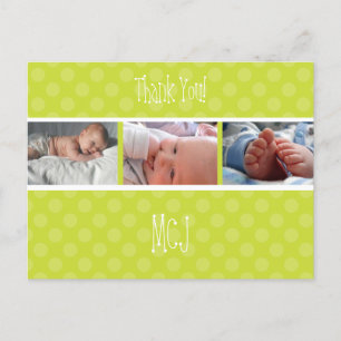 Baby monogram thank you, polka dots announcement postcard