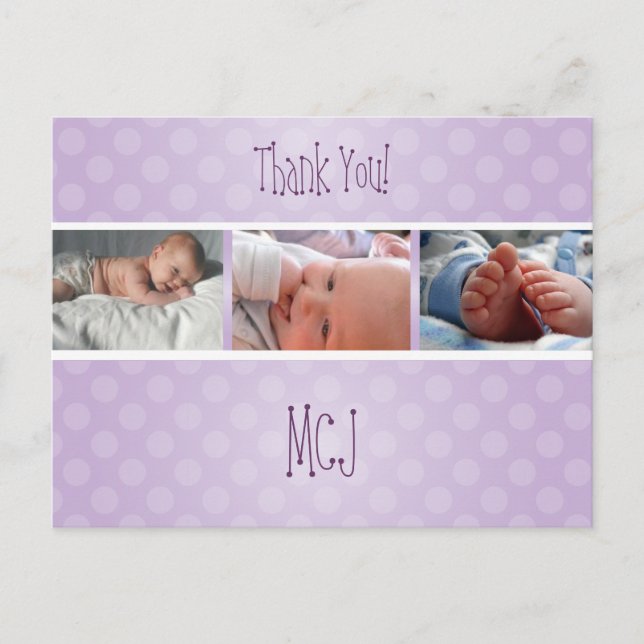 Baby monogram thank you, polka dots announcement postcard (Front)