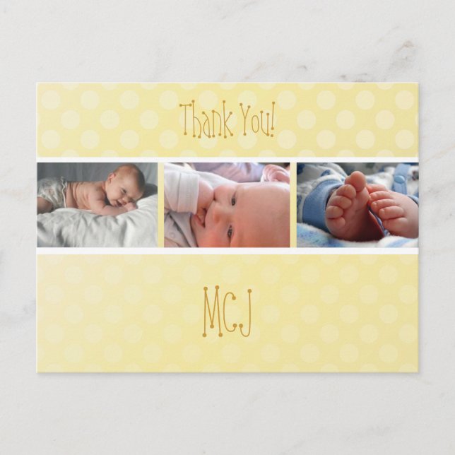 Baby monogram thank you, polka dots announcement postcard (Front)