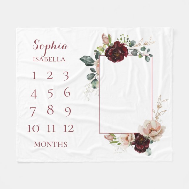 Baby Months Blush Floral Monogrammed Baby Fleece Blanket (Front (Horizontal))