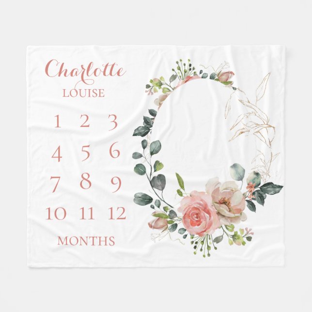 Baby Months Blush Floral Monogrammed Fleece Blanke (Front (Horizontal))