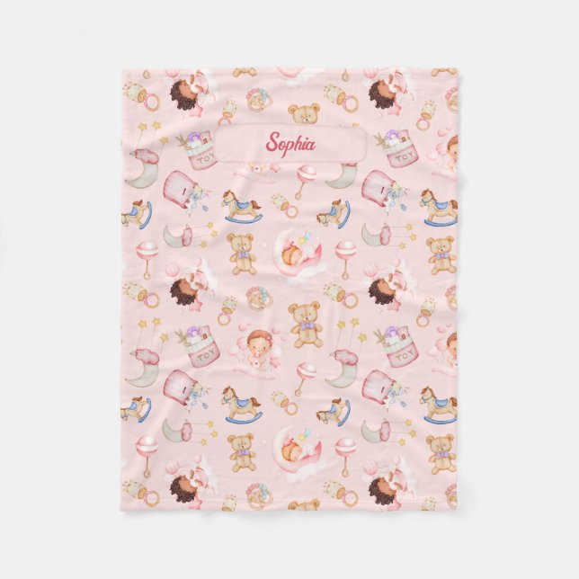 Baby Moon Star Bear Toys Themed Personalized Fleece Blanket (Front)