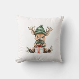 Baby Moose in Santa Hat with Gift Winter Holiday Throw Pillow