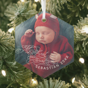 Baby My First Christmas Custom Text Photo Elegant Glass Ornament