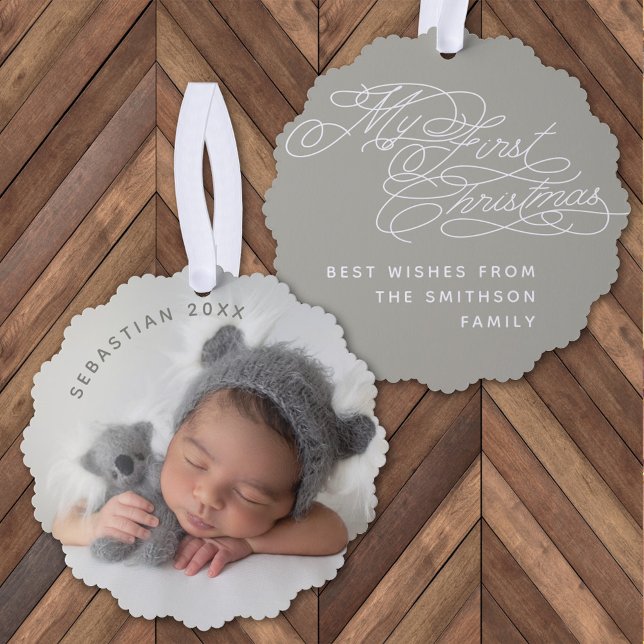Baby My First Christmas Custom Text Photo Elegant Ornament Card (Creator Uploaded)