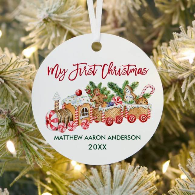 Baby My First Christmas Gingerbread Train Red Metal Ornament (Insitu)