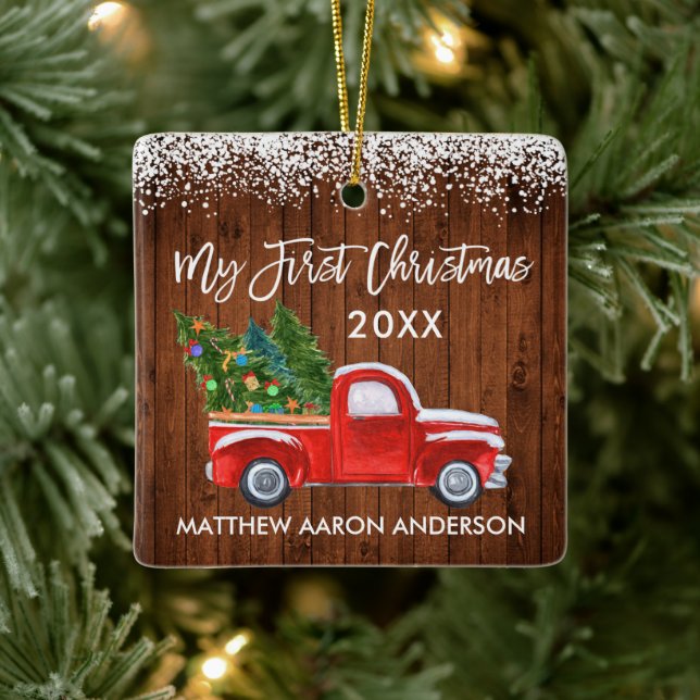 Baby My First Christmas Red Truck Wood Snow  Ceramic Ornament (Tree)