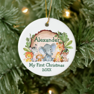 Baby My First Christmas Safari Animals Greenery Ceramic Ornament