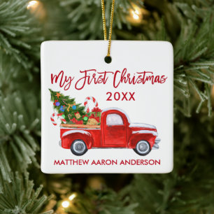 Baby My First Christmas Truck Candy Canes Red Ceramic Ornament