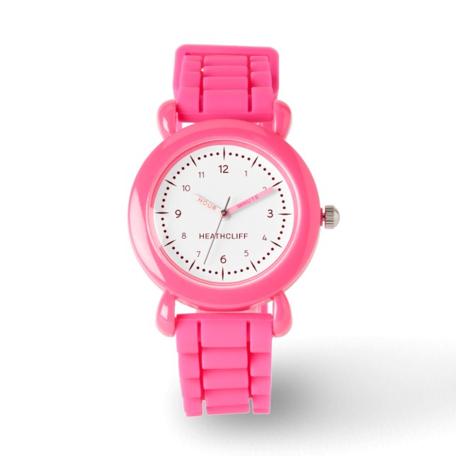 Baby Name Dark Red | Pink Leather Strap Girls Watch (Front)