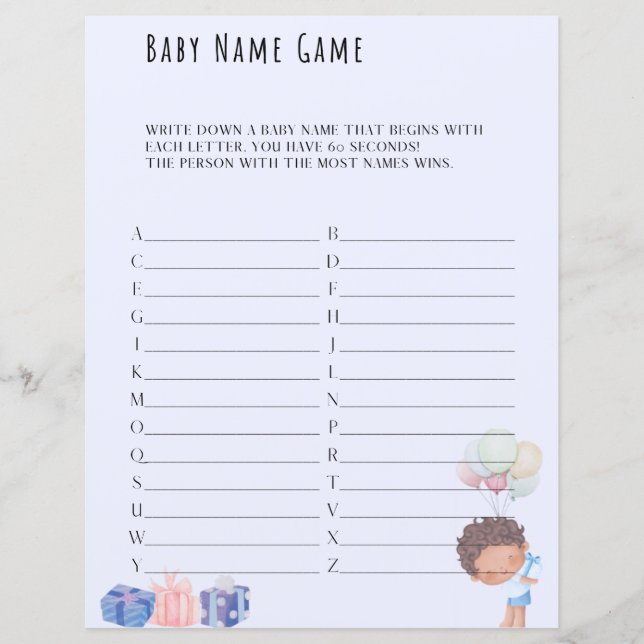 Baby Name Game Baby Shower Game (Front)