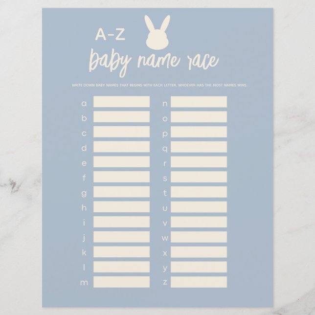 Baby Name Race Game blue bunny baby shower  (Front)