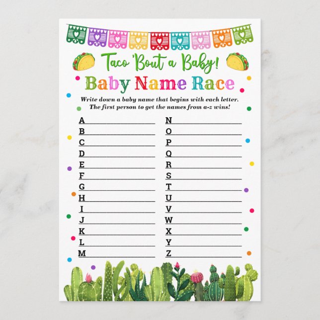 Baby Name Race Game Taco Baby Shower Advice Card (Front)