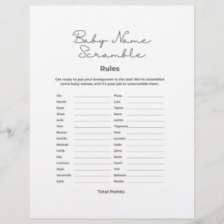 Baby Name Scramble for Baby Shower with Answers Letterhead