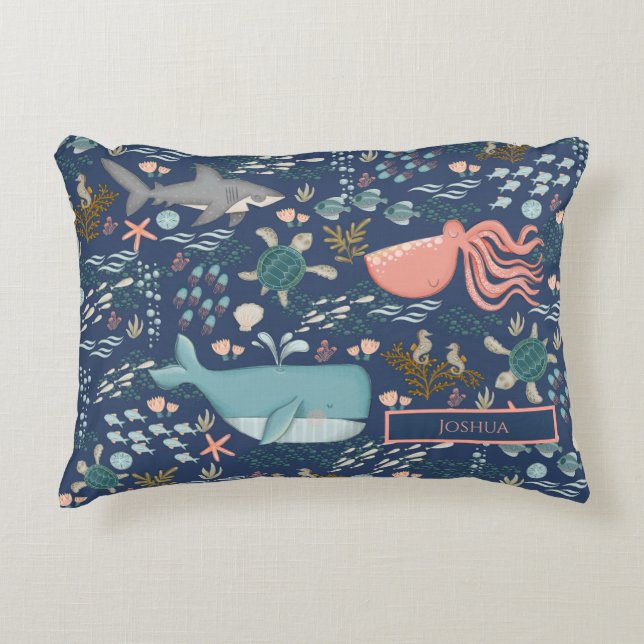 Baby Name Under the Sea Ocean Animal Nursery Accent Pillow (Front)