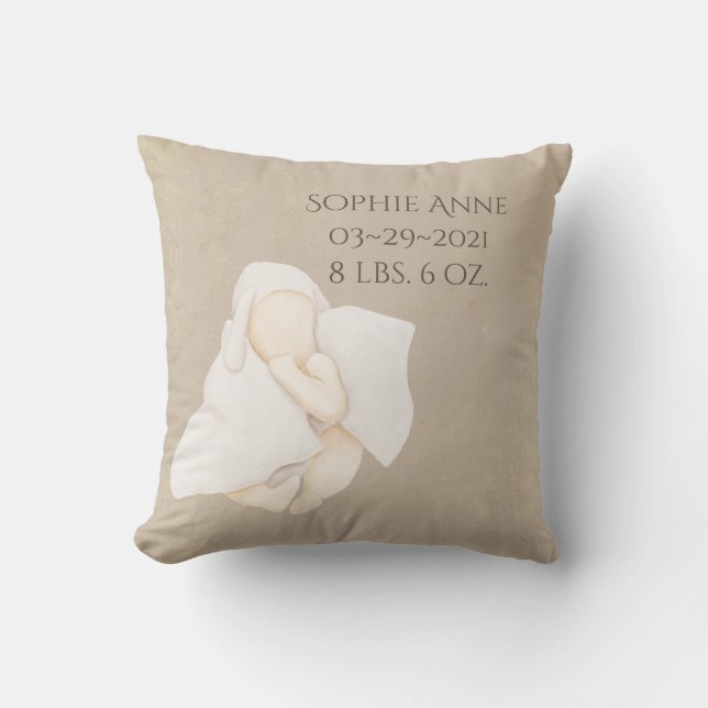 Baby Name Watercolor Keepsake Birth Stats Throw Pillow (Front)