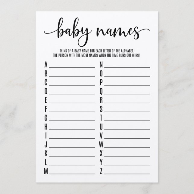 Baby Names A To Z Baby Shower Game Program (Front)