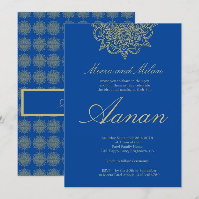 Baby Naming Hindu Namkaran Ceremony Blue Invitation (Front/Back)