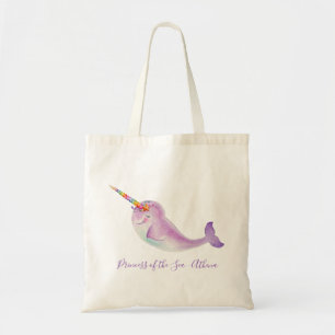 Baby narwhal rainbow underwater watercolor name tote bag