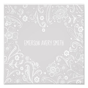 Baby Neutral Grey White Heart Name Photo Print