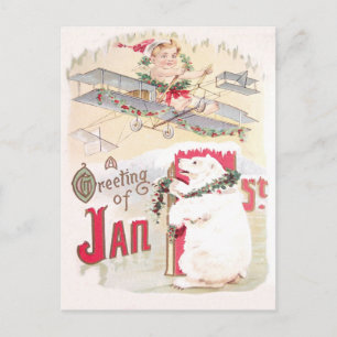 Baby New Year Airplane Polar Bear Holiday Postcard