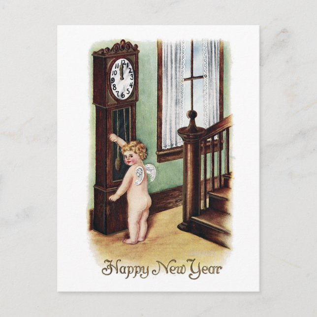 Baby New Year and Grandfather Clock Holiday Postcard (Front)