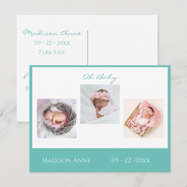 Baby Newborn Photo Green Gender Neutral Cute Birth Announcement Postcard (Front/Back)