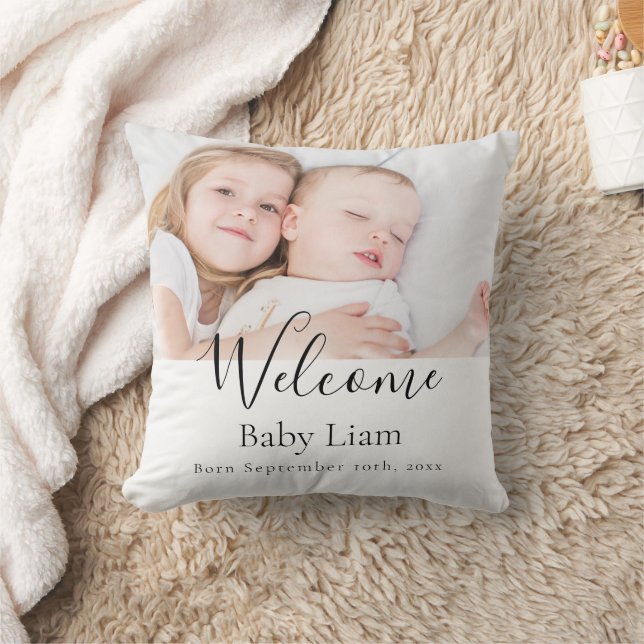 Baby newborn welcome name photo throw pillow (Blanket)