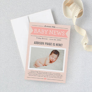 Baby News Newspaper Blush Pink Baby Girl Photo Bir Announcement