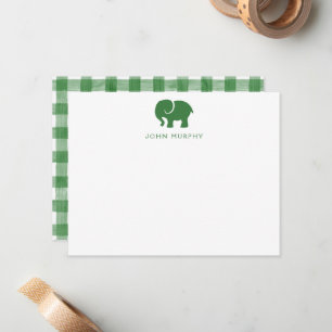 Baby Note Card, Green Elephant Gingham Flat Card