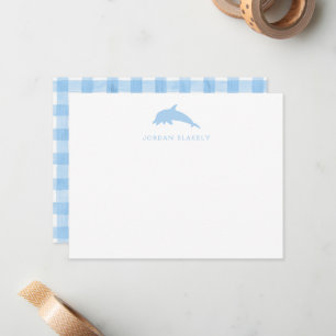 Baby Note Card, Light Blue Dolphin Gingham Flat Card