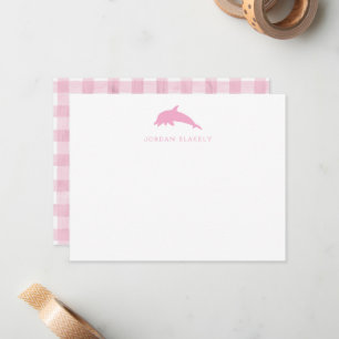 Baby Note Card, Light Pink Dolphin Gingham Flat Card