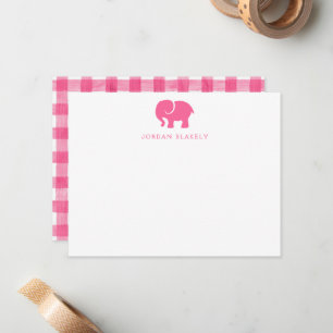 Baby Note Card, Pink Elephant Gingham Flat Card