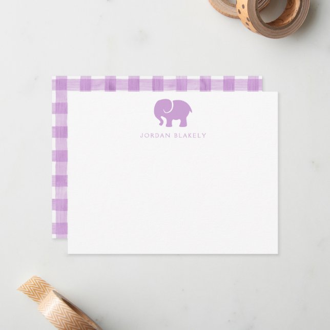 Baby Note Card, Purple Elephant Gingham Flat Card (Front/Back In Situ)