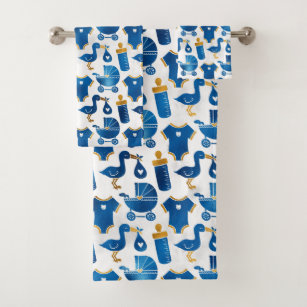 Baby Nursery Blue Bottle Carriage Stork Pattern Bath Towel Set