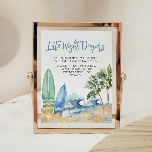 Baby on Board Beach Baby Shower Late Night Diapers Poster (Surfing Summer Boy Baby Shower Late Night Diaper Sign)