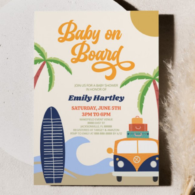 Baby On Board Beach Surf Blue Retro Baby Shower Invitation (Creator Uploaded)
